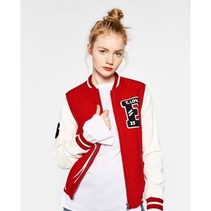zara varsity jacket red